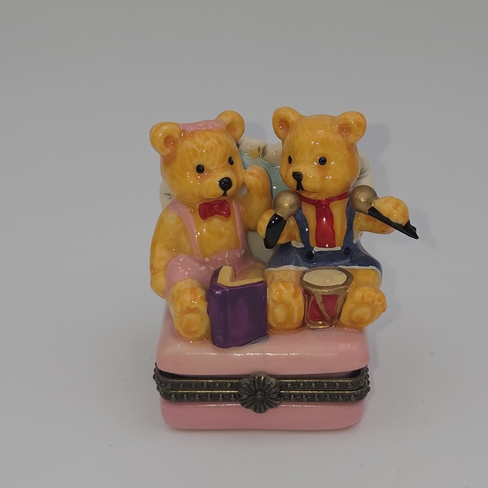Vintage Porcelain Miniature Trinket Hinged Box Teddy Bears With Drum and Book